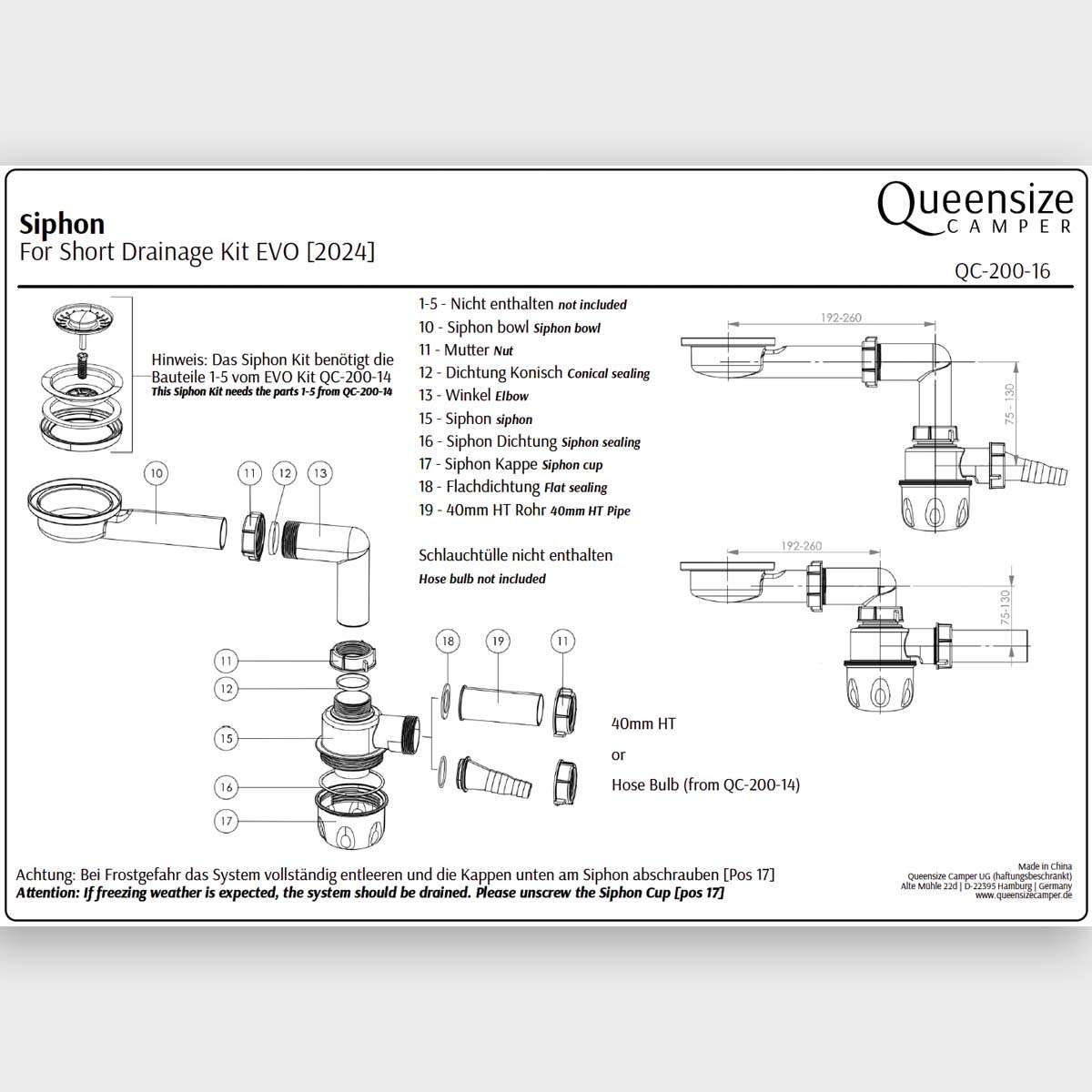 Siphon mit Schraubdeckel, passend für Queensize Camper Spülen